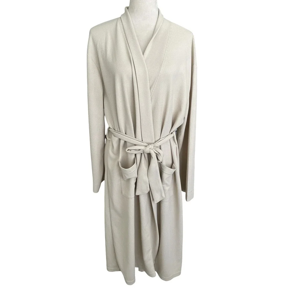 Line and Dot Waffle‎ Knit Robe L/XL Beige Resort Coastal Pockets Lounge Comfort